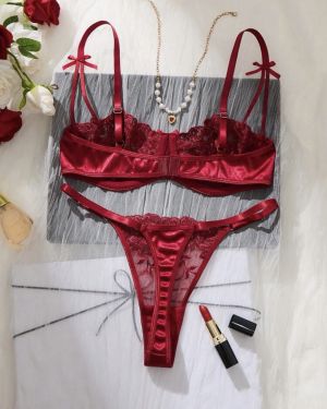 2 piezas Conjunto de lencerÃa sexy con bordado floral romántico en color Vino
