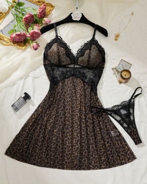 Set de 2 piezas con estampado de leopardo negro y encaje