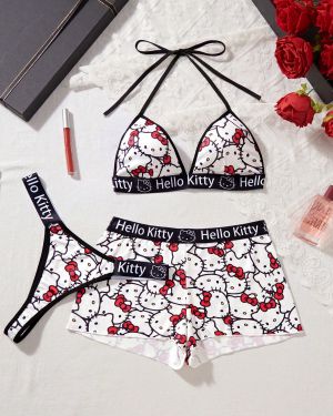 Conjunto de 3 piezas de lencerÃa sexy para mujer, con diseño de Hello Kitty