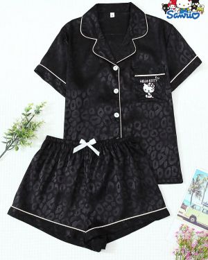 Conjunto de pijama de satén con estampado de leopardo para mujer de Sanrio Hello Kitty