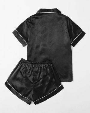 Conjunto de pijama de satén con botones y ribete de contraste