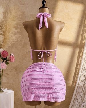 Conjunto de 3 piezas de ropa de playa para mujer con top corto de tirantes con decoración de flor metálica rosa