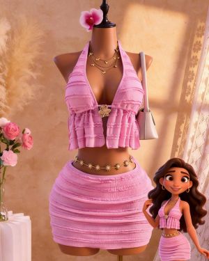 Conjunto de 3 piezas de ropa de playa para mujer con top corto de tirantes con decoración de flor metálica rosa