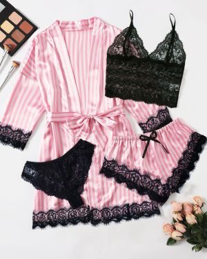 Conjunto de lencería de satén con encaje a contraste y bata, 5 piezas