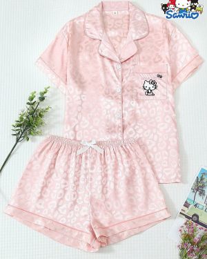 Conjunto de pijama de satén para mujer de Sanrio, blusa de manga corta con bolsillo bordado de Hello Kitty
