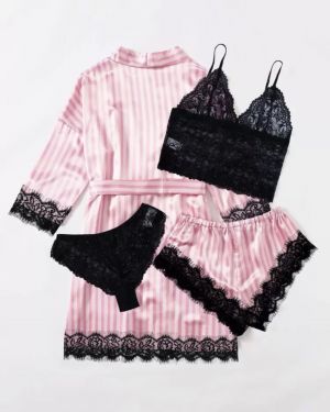 Conjunto de lencería de satén con encaje a contraste y bata, 5 piezas