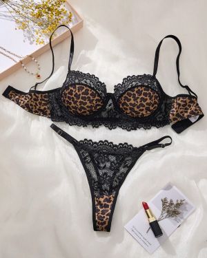 2 piezas/Set Conjunto de lencerÃa de mujer con estampado de leopardo, encaje y flores, top corto de dormir de encaje suave y tanga, encantador conjunto de 2 piezas para mujer