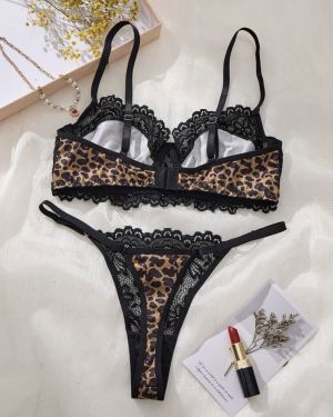 2 piezas/Set Conjunto de lencerÃa de mujer con estampado de leopardo, encaje y flores, top corto de dormir de encaje suave y tanga, encantador conjunto de 2 piezas para mujer
